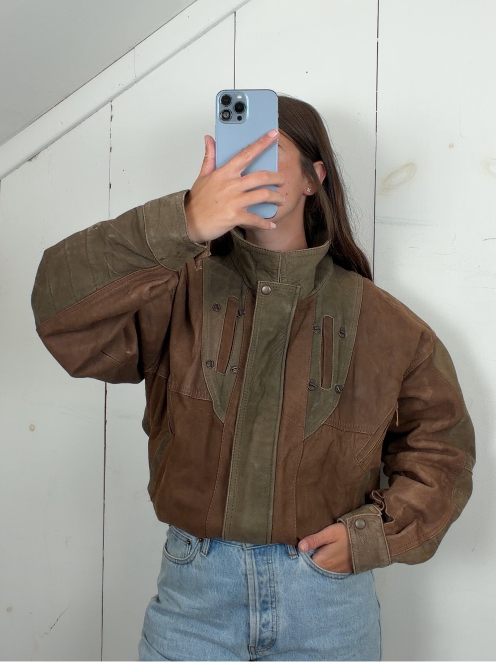 Brown Green Colorblock Distressed Patina Leather Bomber Jacket Small Funnel Neck